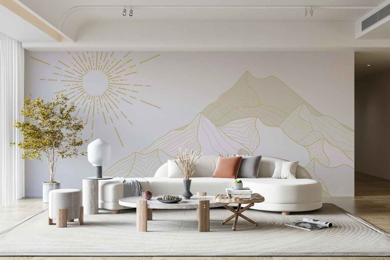 A peaceful wall mural with a tranquil mountain scene.

