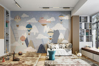 A peaceful wall mural with a whimsical sky scene.

