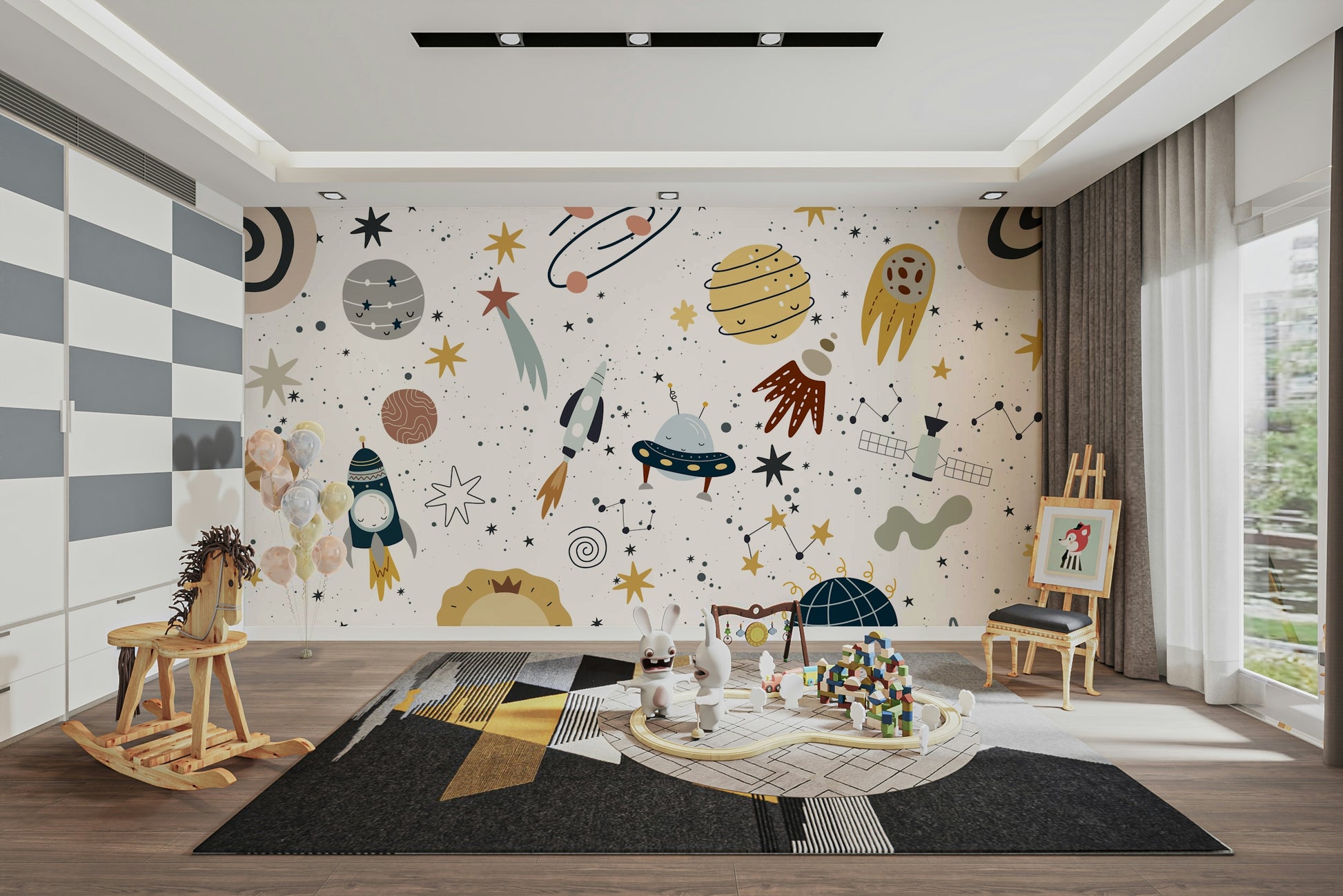 The design features friendly planets and stars with faces.

