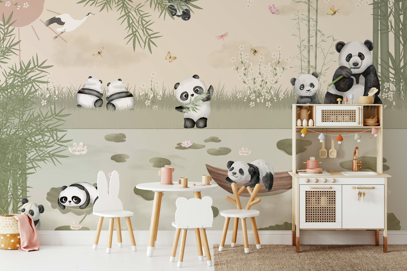 A cheerful wall mural with a whimsical, animal design.

