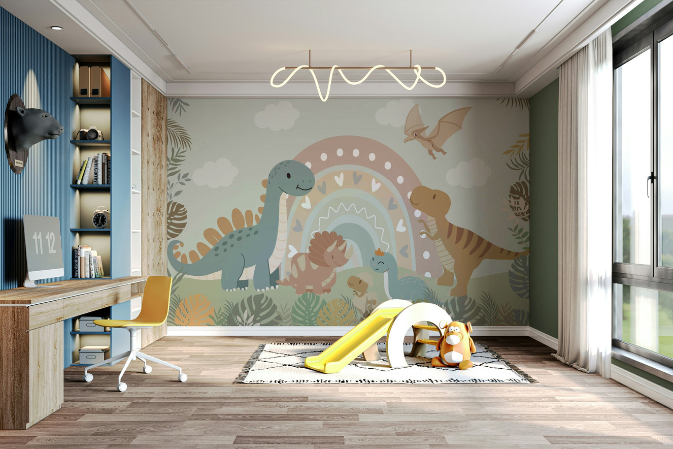 A cheerful wall mural with a whimsical, dinosaur design.


