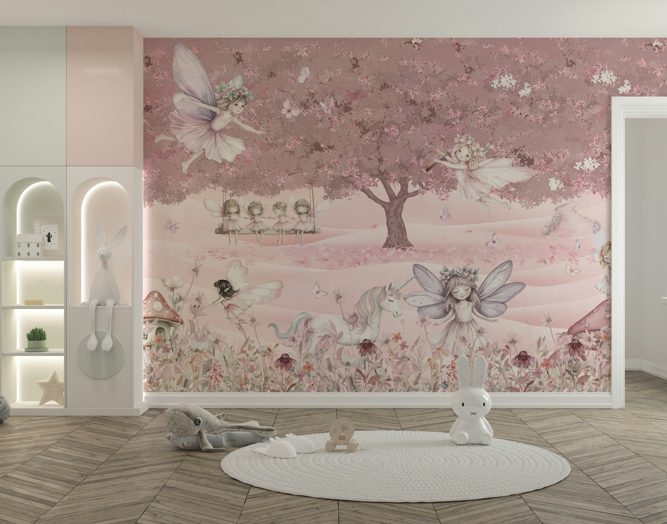 A peaceful wall mural with a magical, whimsical design.

