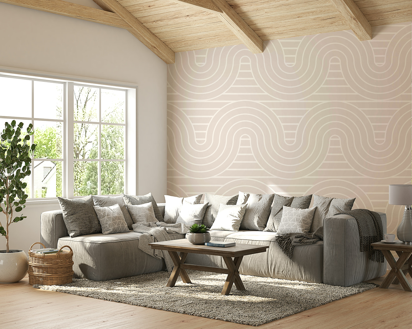 A peaceful wall mural with a modern geometric design.

