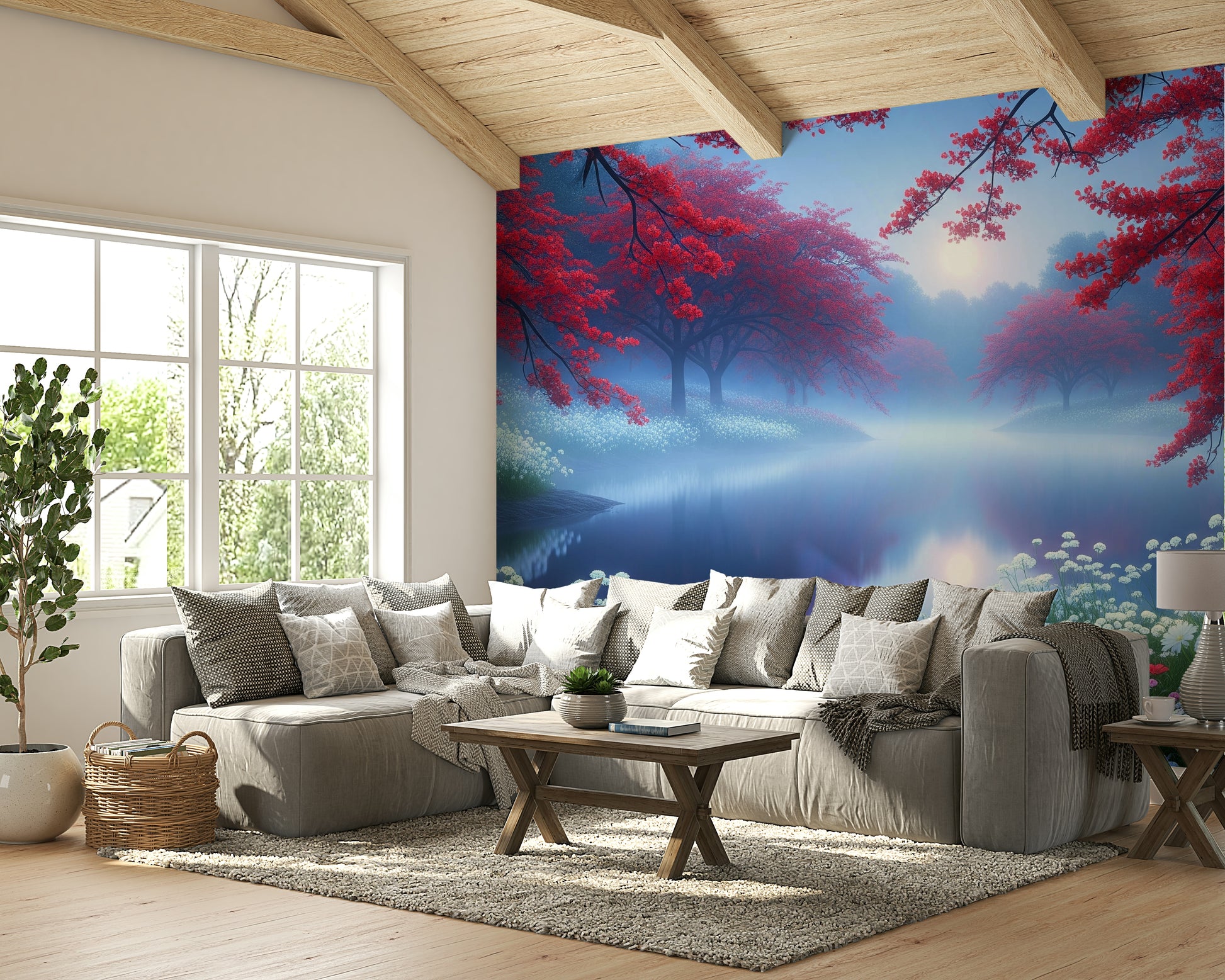 The colors are warm and soft, with deep crimson, orange, and yellow hues.

