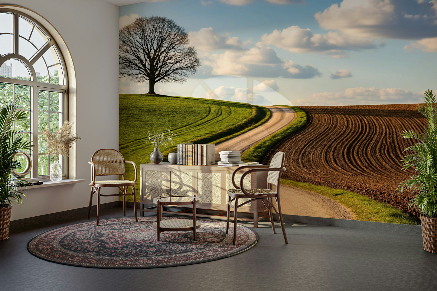 The design features a quiet path winding through a natural landscape.

