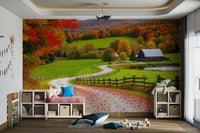 The design features a quiet road winding through autumn trees.

