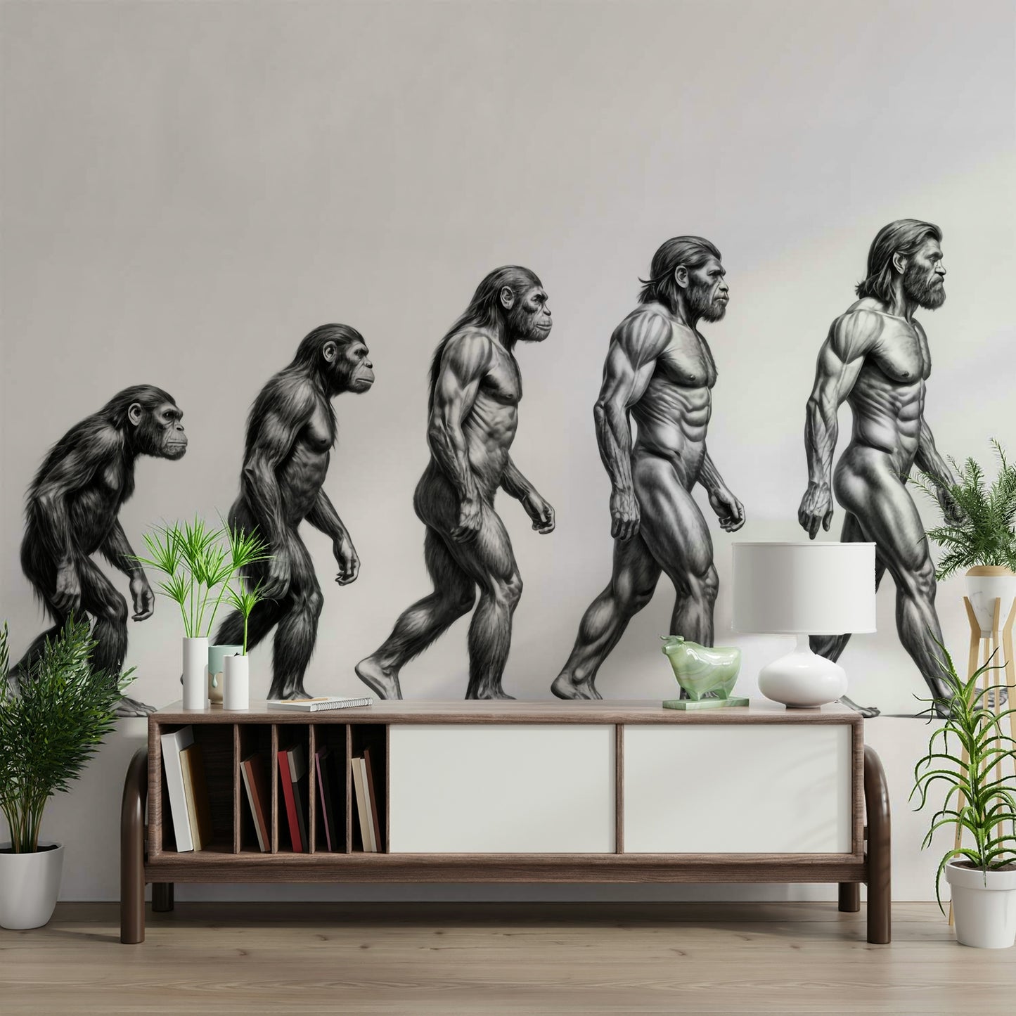 The figures are in profile, walking from left to right.

