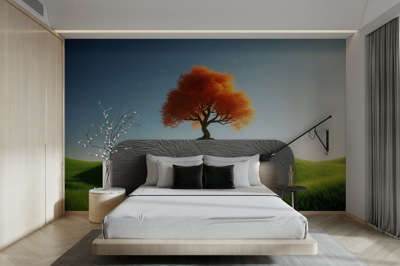 A peaceful wall mural with a charming autumn hillside scene.

