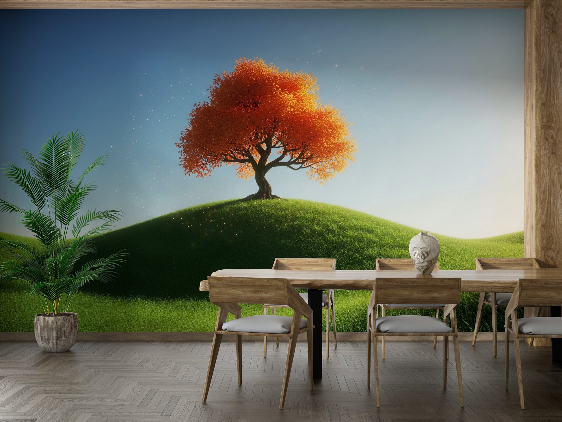 The design features gentle, rolling hills and trees.

