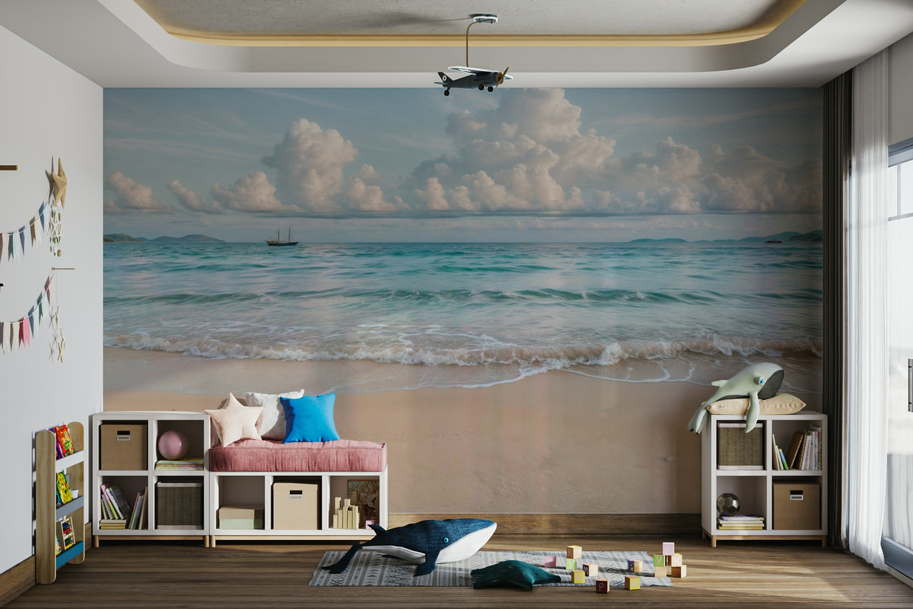 A peaceful wall mural with a serene coastal scene.

