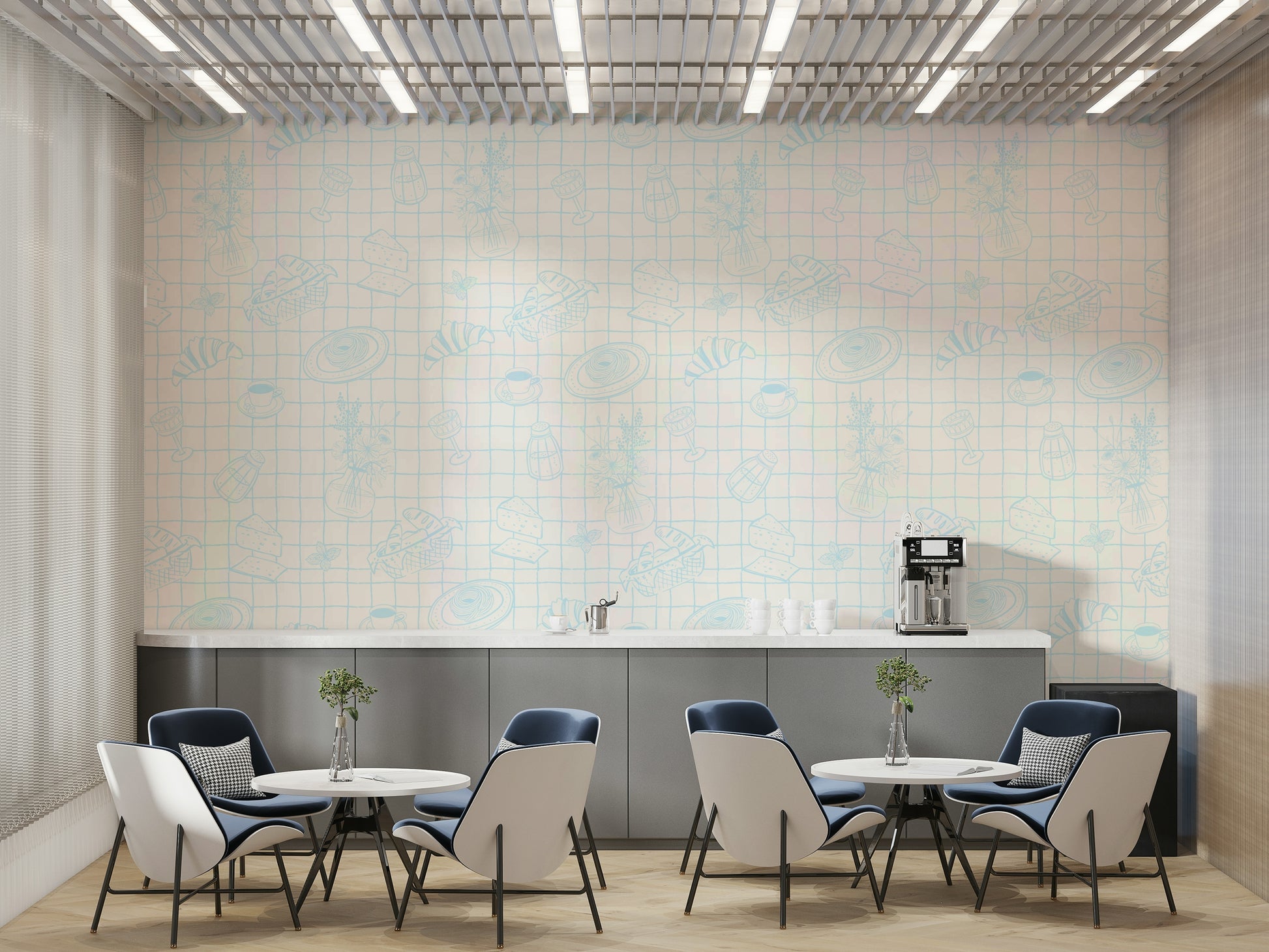 The colors are gentle and cool, with a neutral, gray and beige palette.

