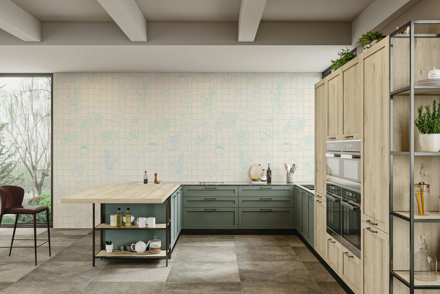 The design features a repeating pattern of soft, interconnected grid shapes.

