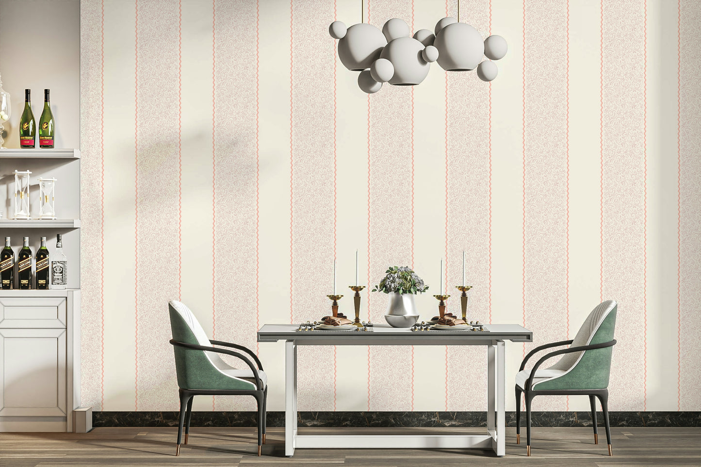 A peaceful wall mural with a vintage, botanical design.

