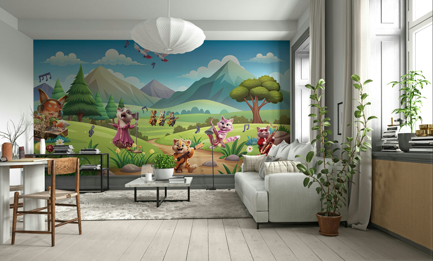 A cheerful wall mural with a whimsical, animal design.

