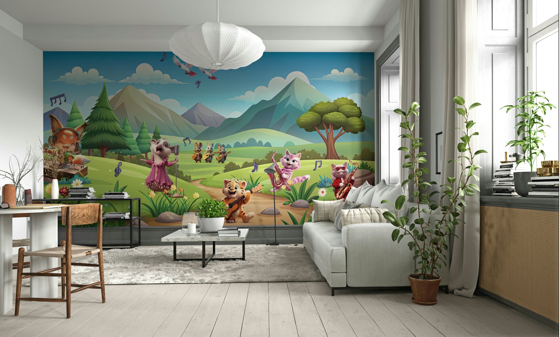 A cheerful wall mural with a whimsical, animal design.

