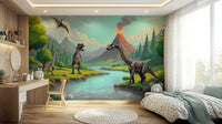 A cheerful wall mural with a whimsical, dinosaur design.

