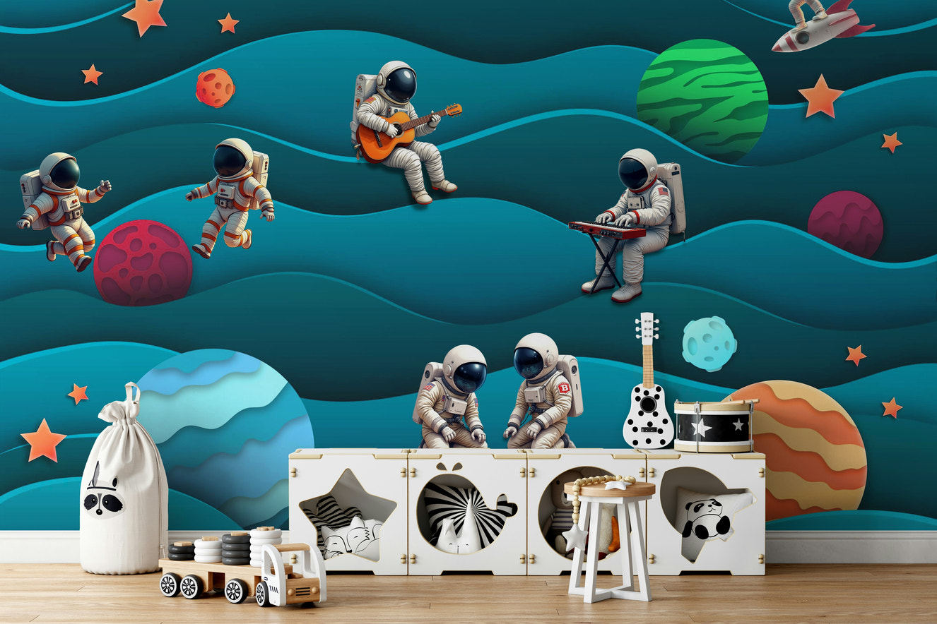 A cheerful wall mural with a whimsical, space design.


