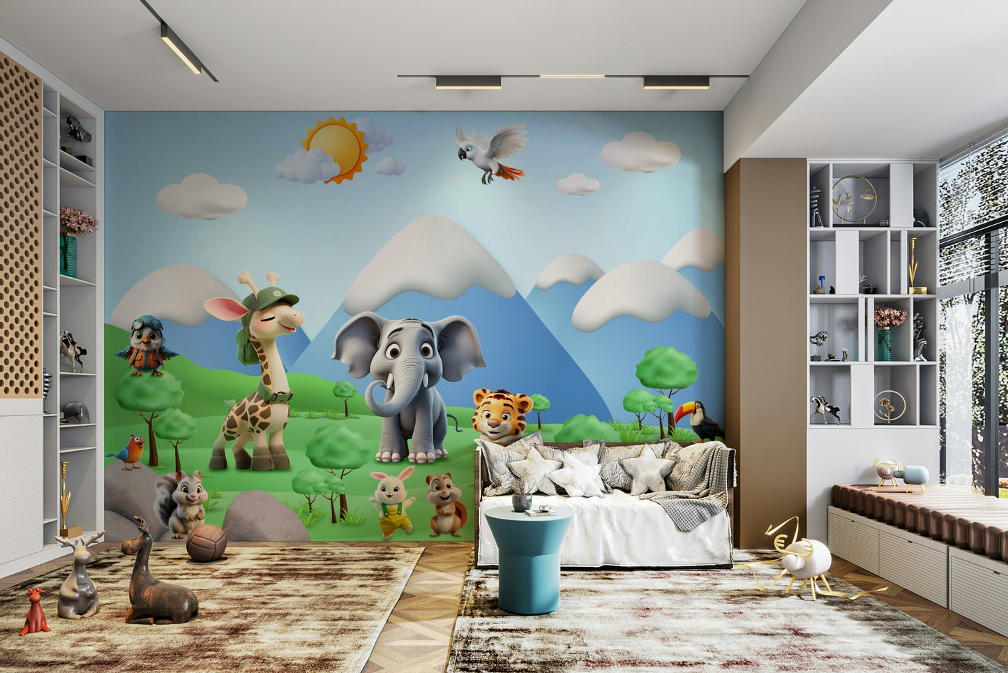 The design features a repeating pattern of soft, cartoon animals in an adventure scene.

