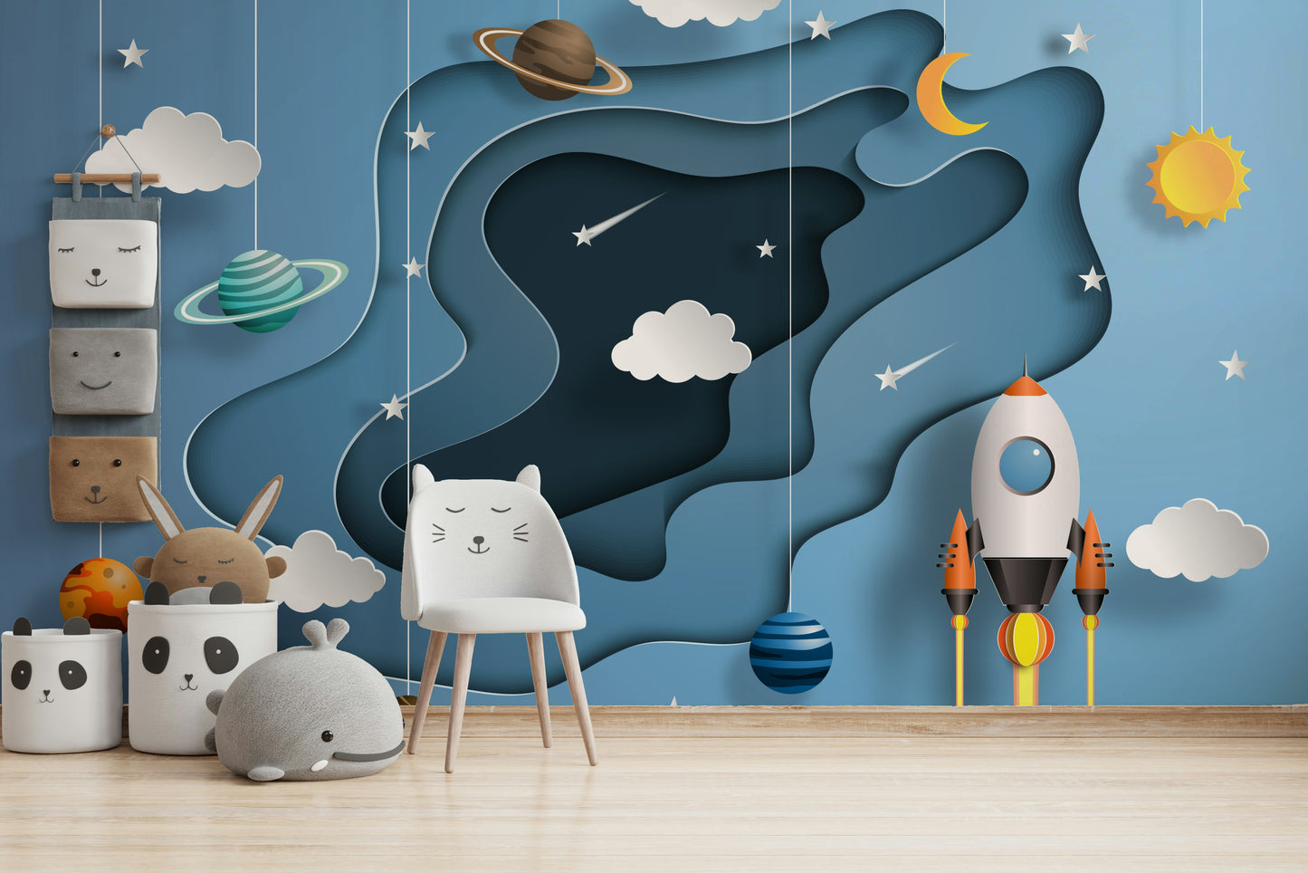 A full-wall mural of a serene space scene.

