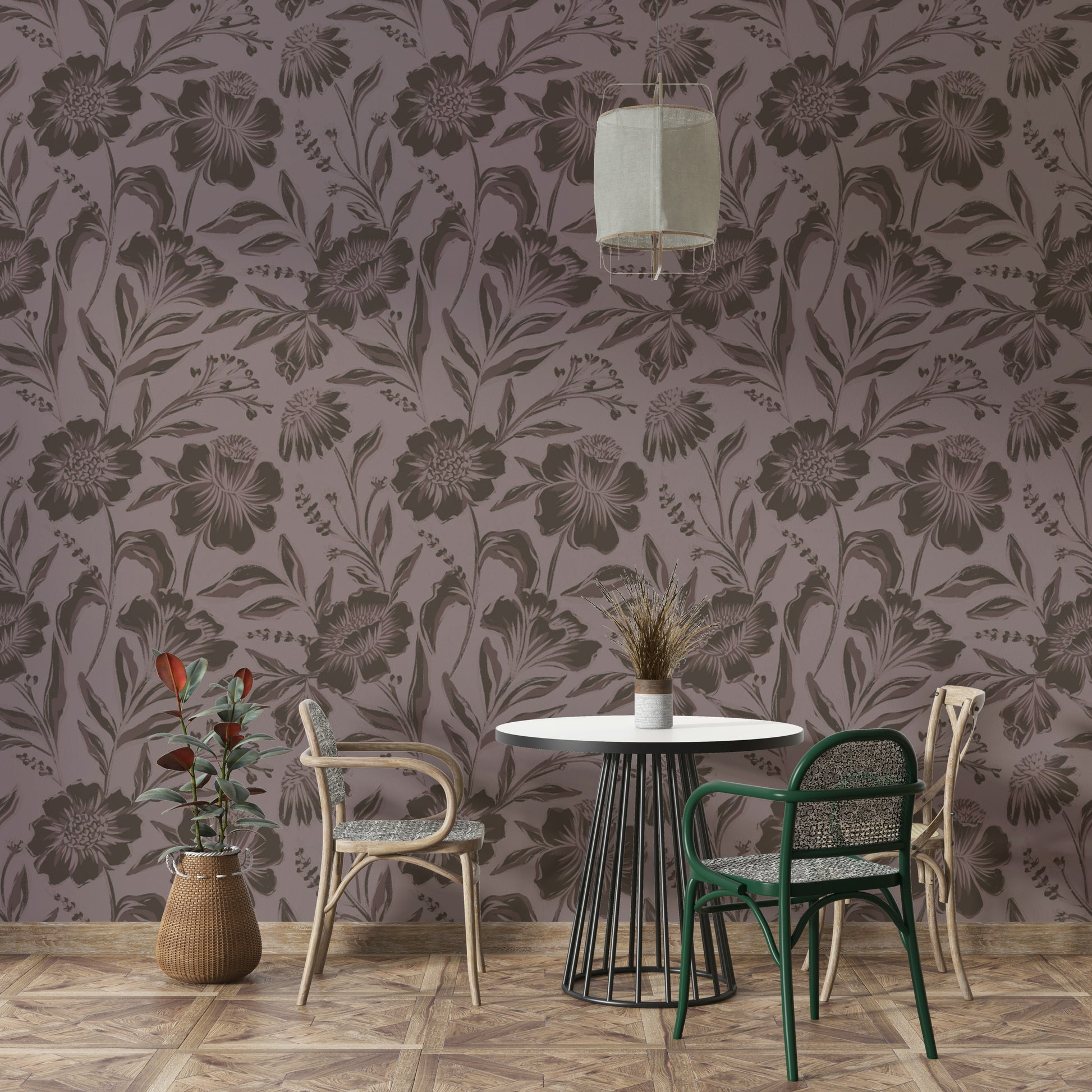 The mural is created for an entire wall, providing a subtle backdrop.
