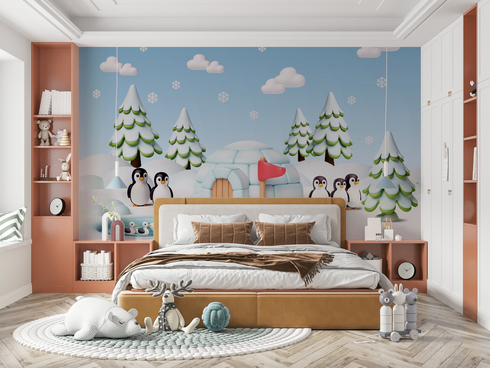 The design features a group of friendly cartoon arctic animals playing near an igloo.


