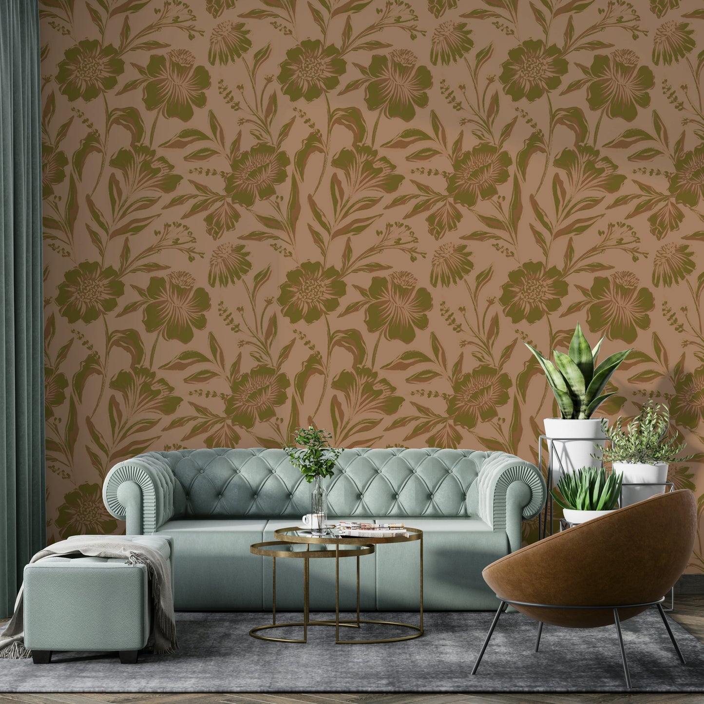 The mural is created for an entire wall, providing a subtle backdrop.
