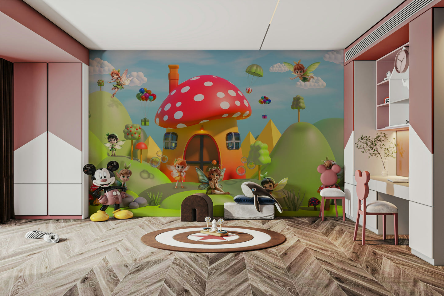 A peaceful wall mural with a whimsical, fantasy design.

