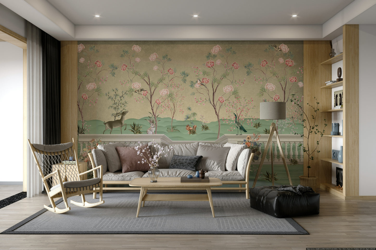 The colors are gentle and lush, with a natural, green and gray palette.

