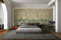 The design features a repeating pattern of soft, graceful plant and animal shapes.

