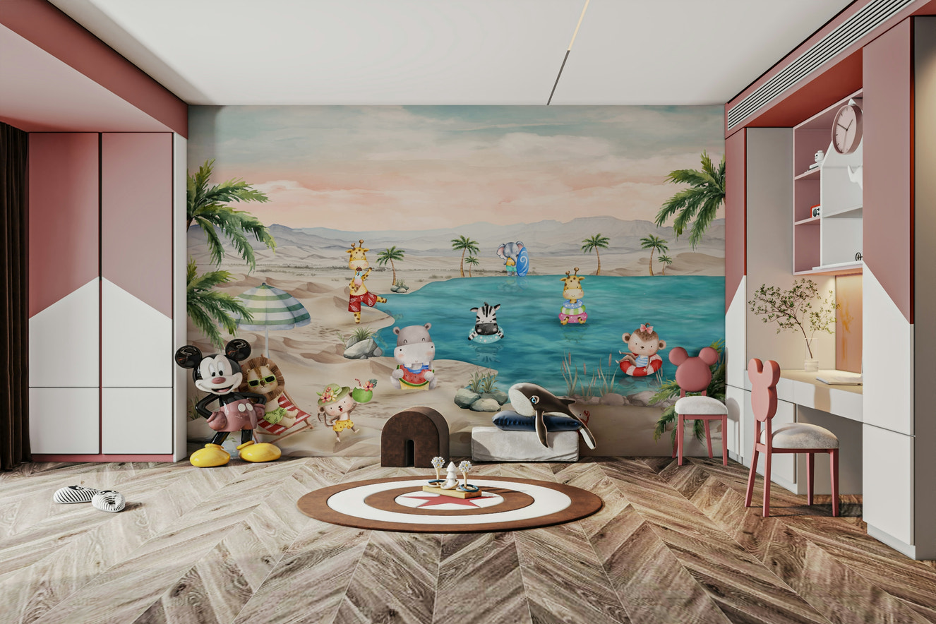 The design features a repeating pattern of soft, delicate coastal animals and seashells.


