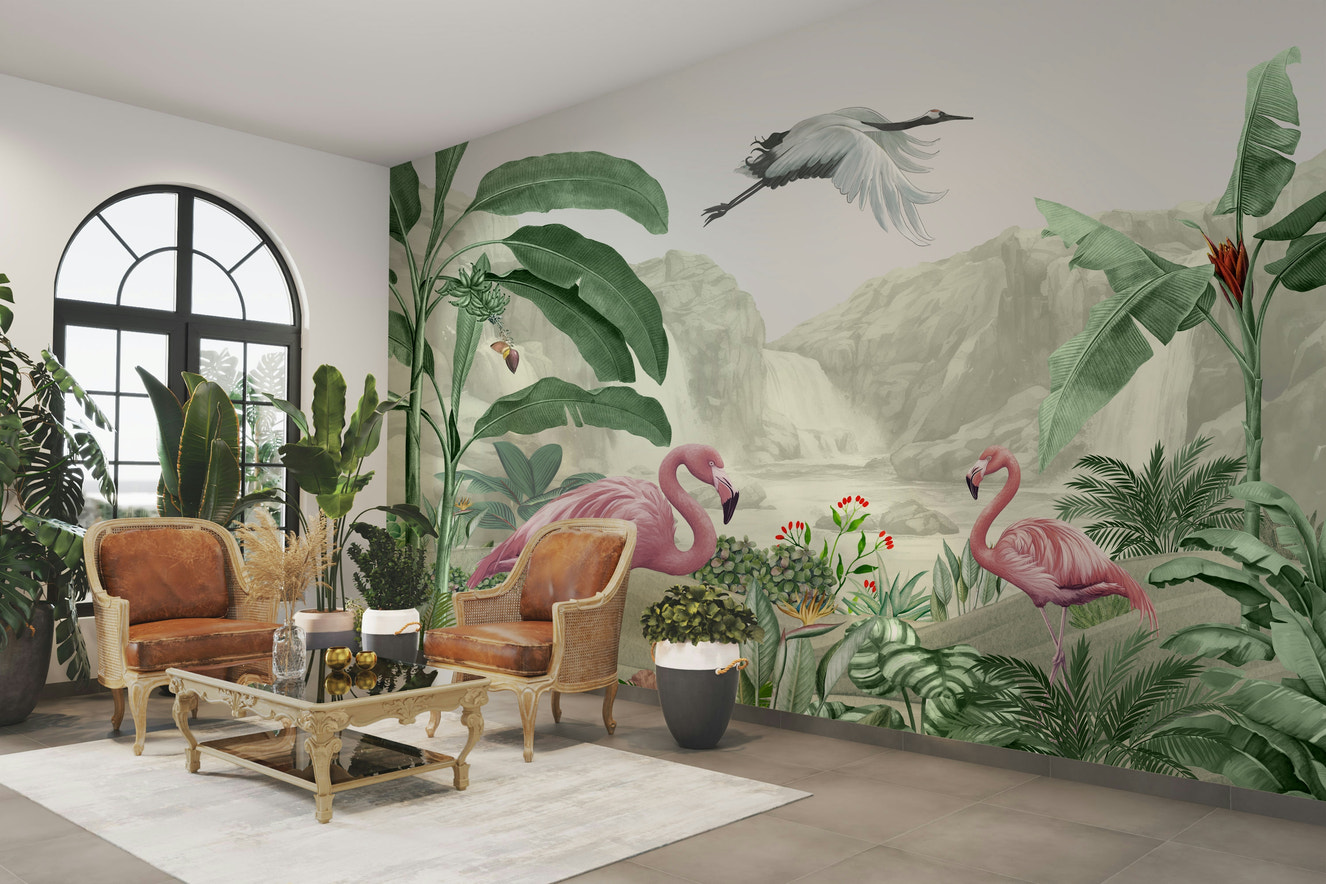 A peaceful wall mural with a whimsical, tropical design.

