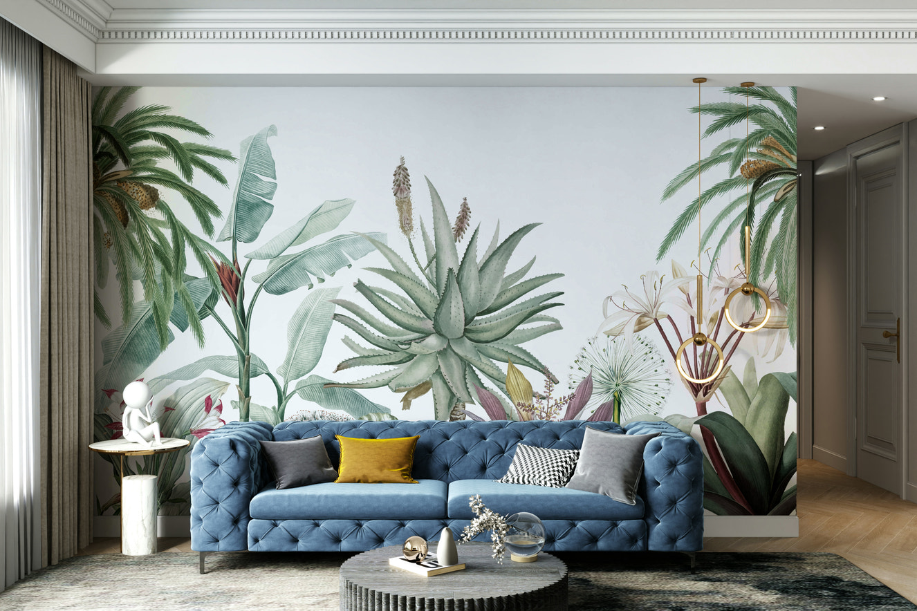 A peaceful wall mural with a natural, vintage design.

