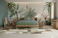 The design features a repeating pattern of soft, delicate palm trees and desert plants.

