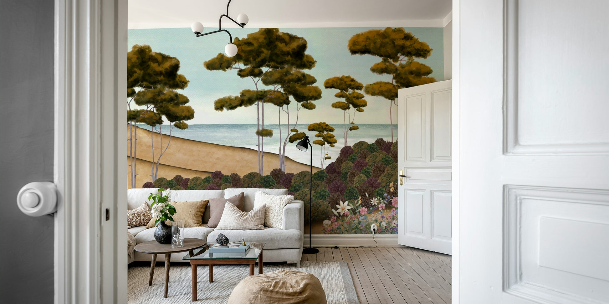 The colors are gentle and cool, with a muted blue and beige palette.

