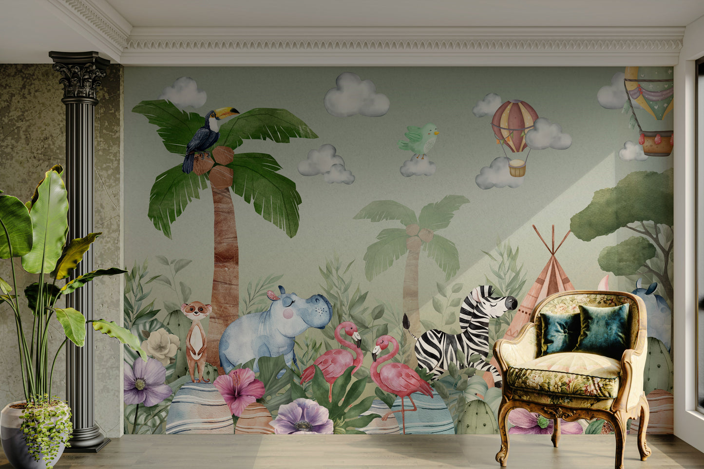 A peaceful wall mural with an organic, botanical design.

