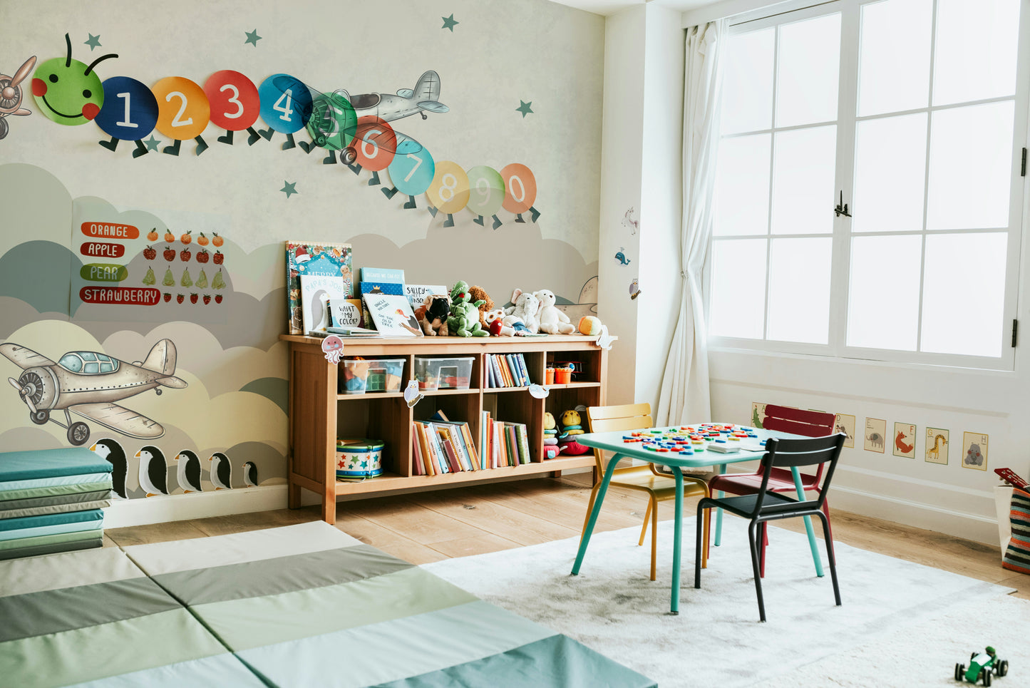 The design features a repeating pattern of soft, delicate old-fashioned airplanes and clouds.

