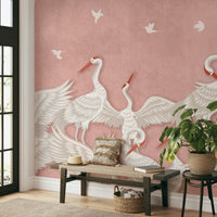 Blush cranes take flight, detailed view

