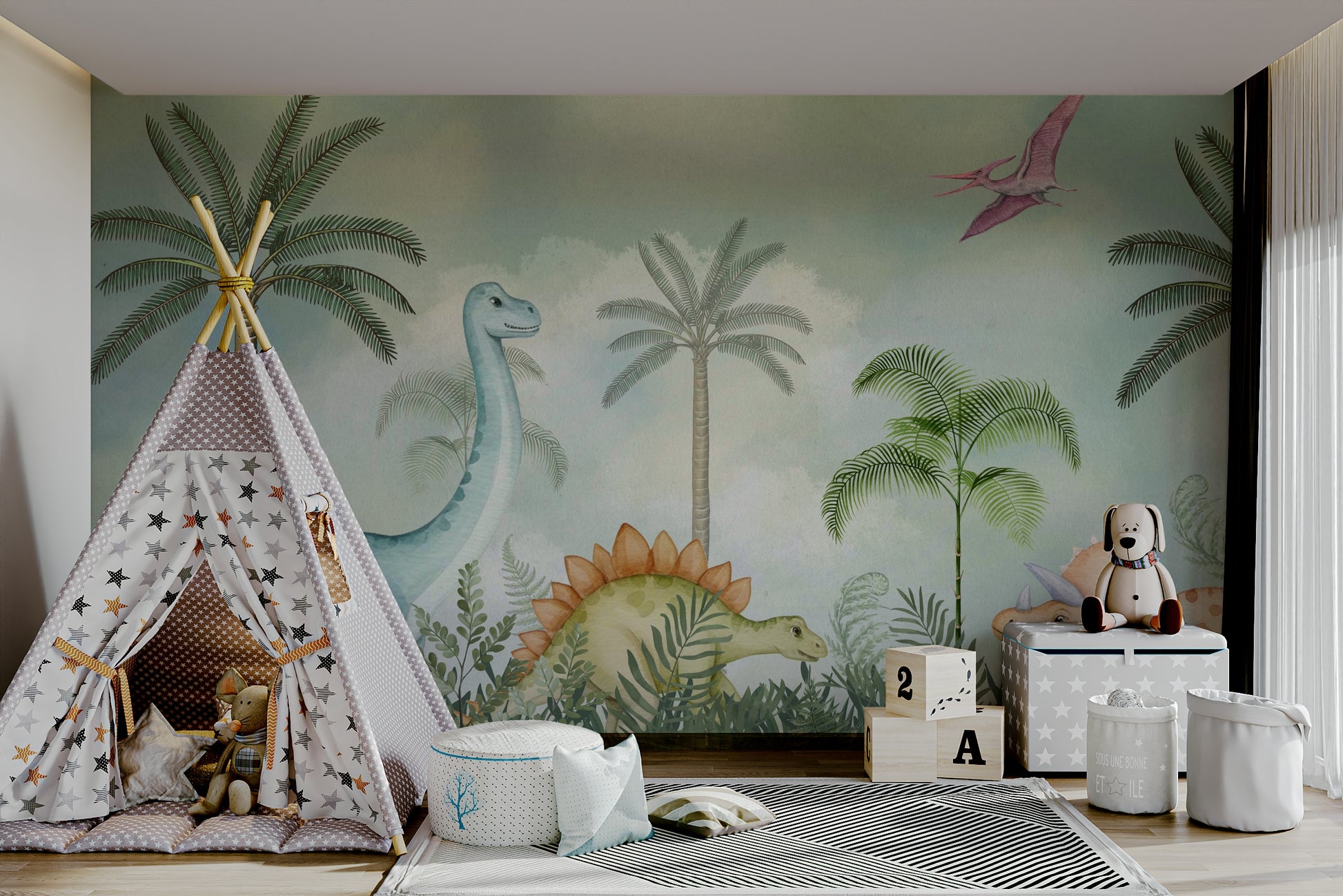 Serene jungle scene with friendly dinosaurs

