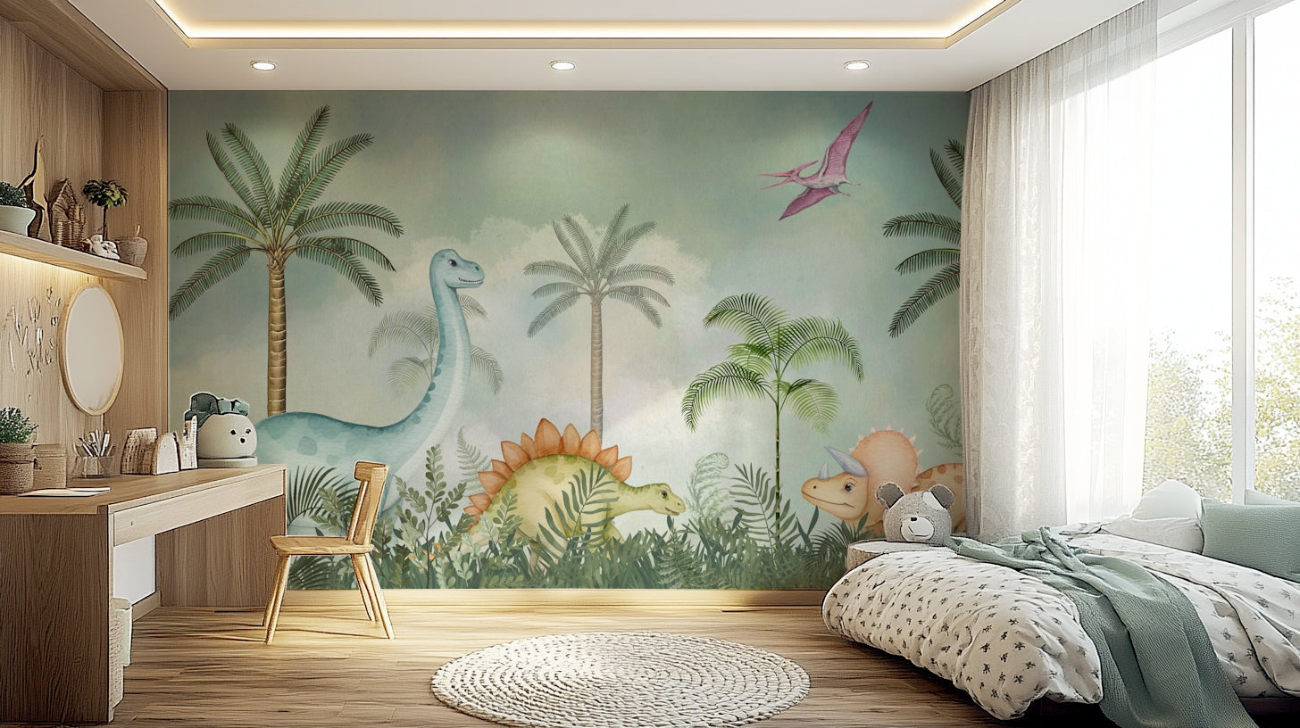 View of friendly dinosaurs and a playful river

