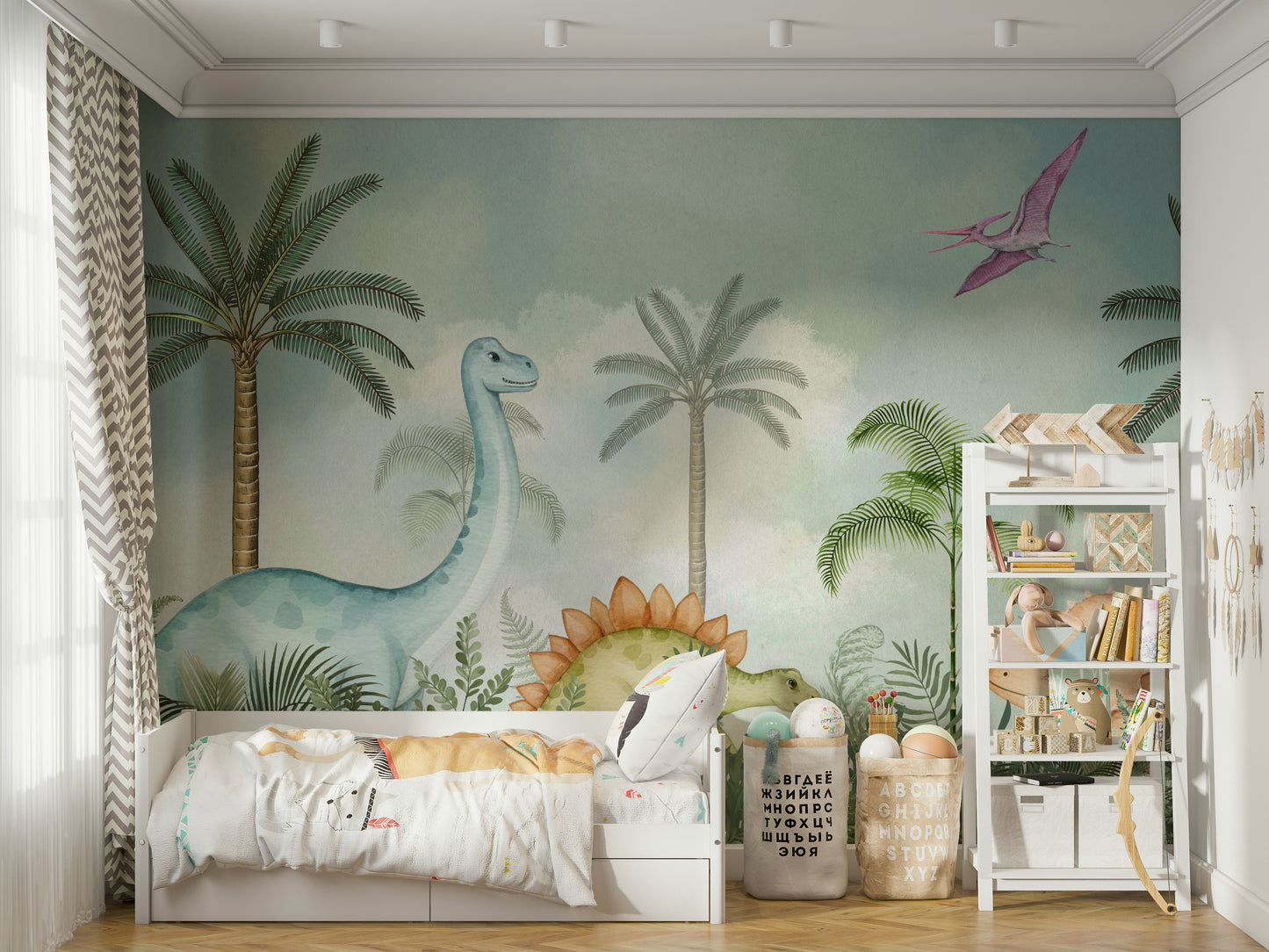 Scenic wallpaper with cartoon dinos and plants


