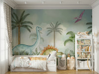 Scenic wallpaper with cartoon dinos and plants

