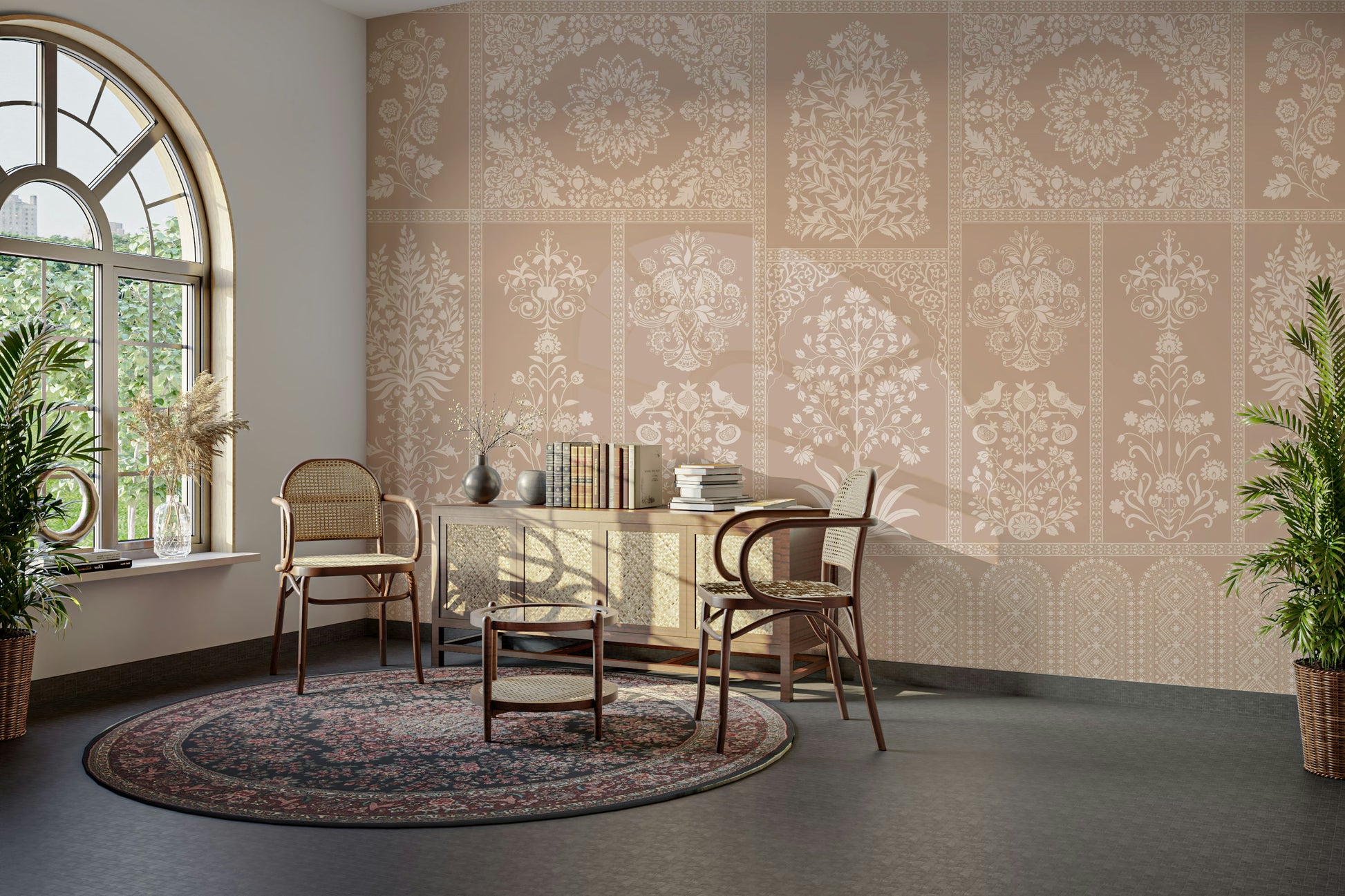 A peaceful wall mural with an elegant, artistic design.

