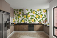 An angled shot of a wall with lemon wallpaper

