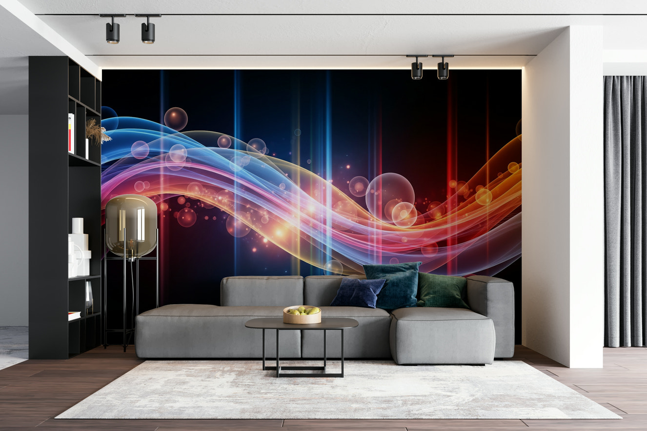 Luminous Waves wall mural on a living room wall

