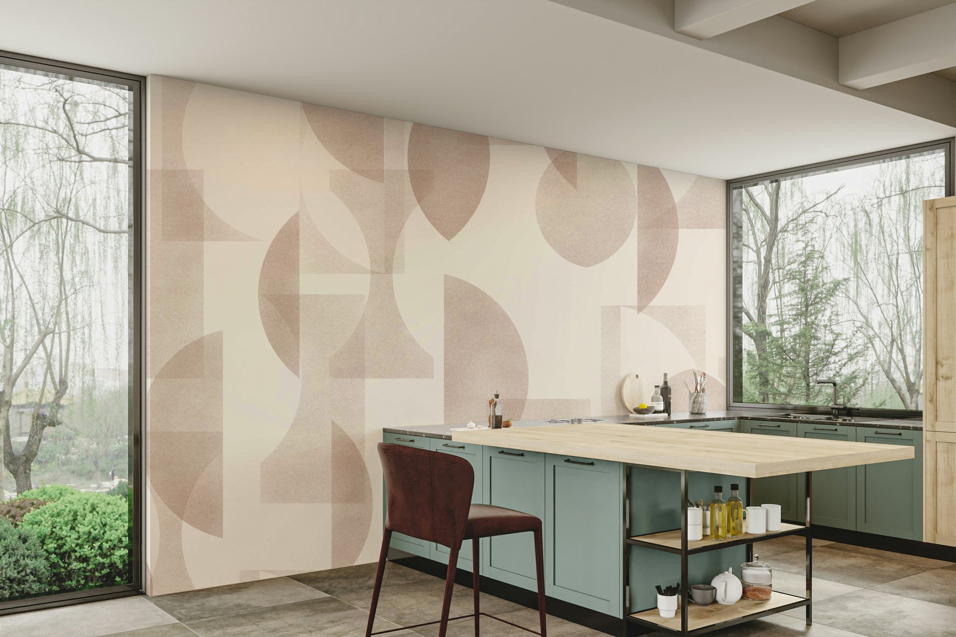 A contemporary office with a unique geometric art mural

