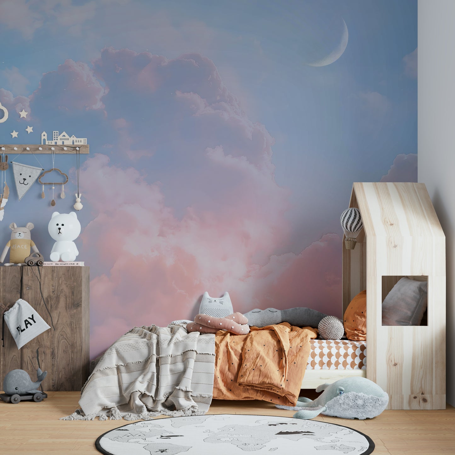 Wall mural with whimsical shapes and colors

