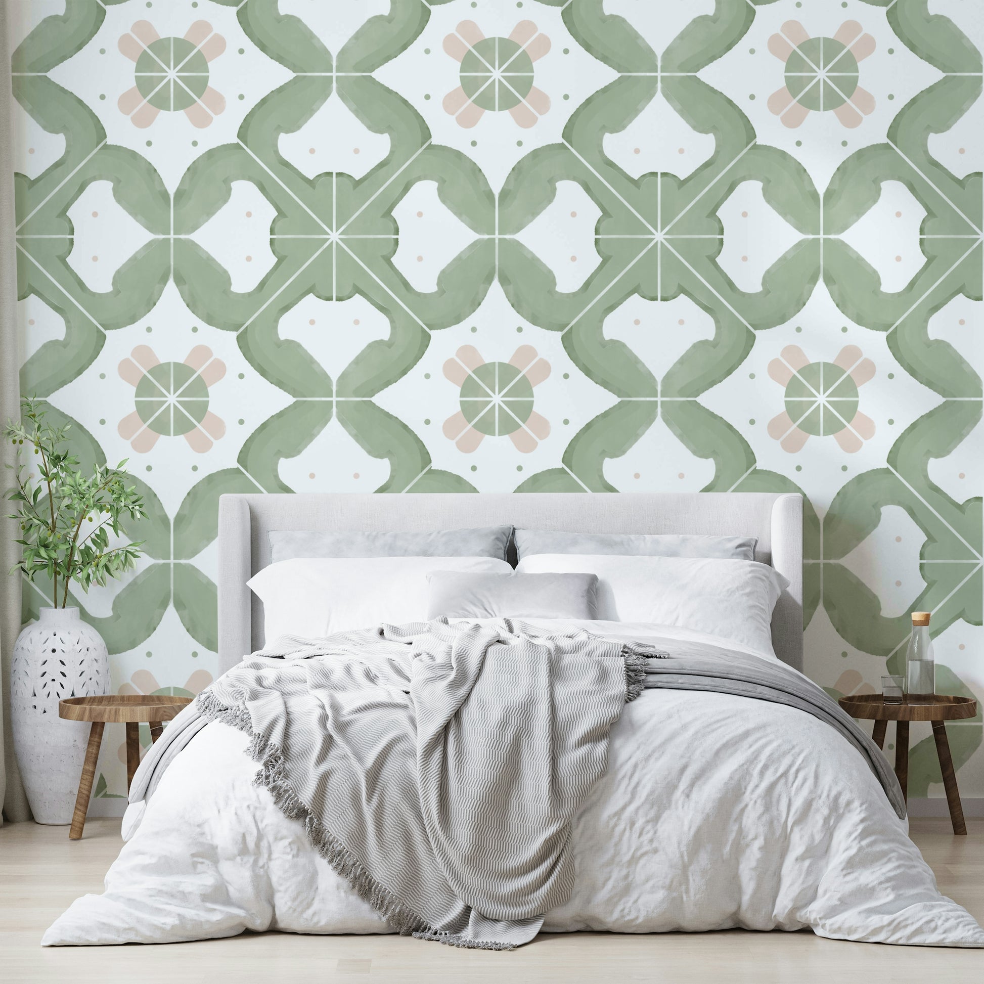Textured wallpaper with a sage tile design

