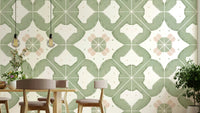 Tile-style wallpaper in a sage color palette

