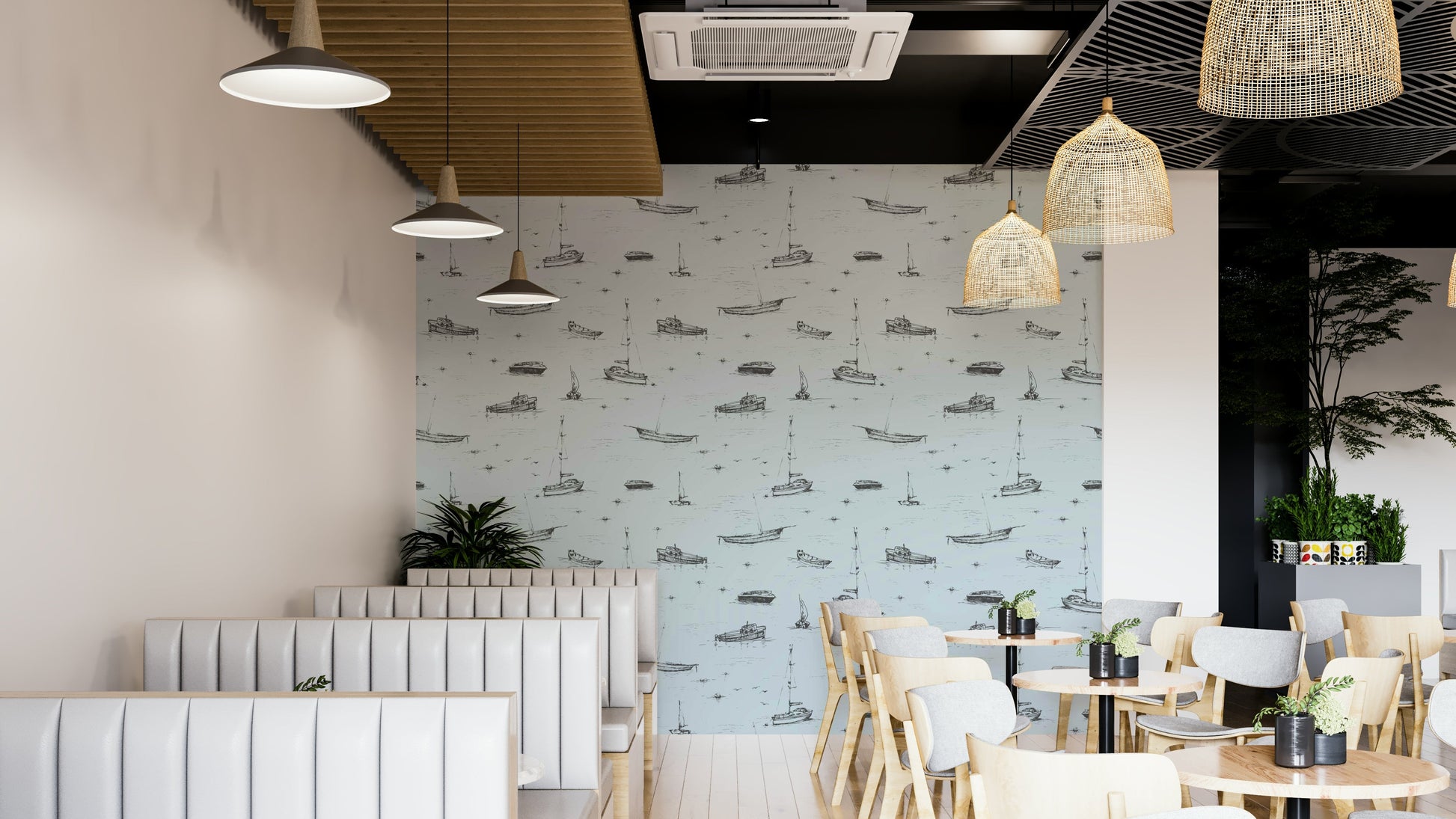 The image features abstract, hand-drawn boats floating on calm water.
