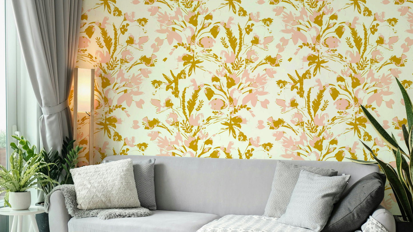 A full-wall mural showing a pattern of painted flowers.
